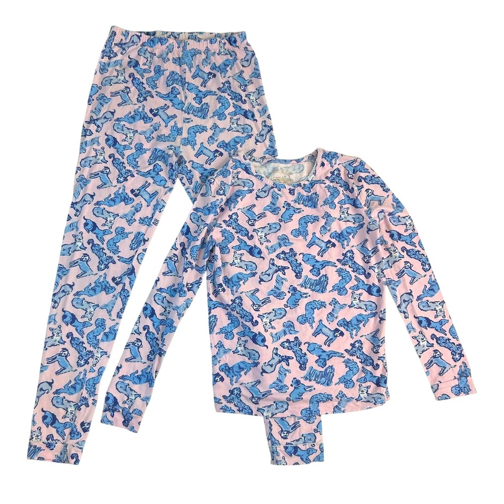 Lilly Pulitzer Girls Pink Blue Dog Print Pajama Set Size 14 Long Sleeve 2pc Set